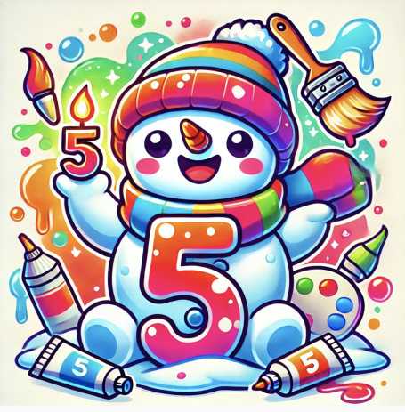 Muñeco de nieve sonriente con bufanda, número 5 y pinturas coloridas alrededor.